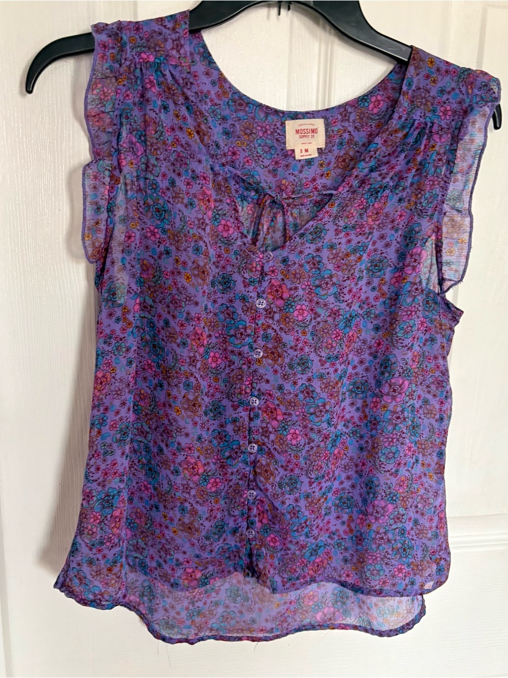 Mossimo Supply Co. Purple Floral Button-Front Tie Neck Cap Sleeve Blouse